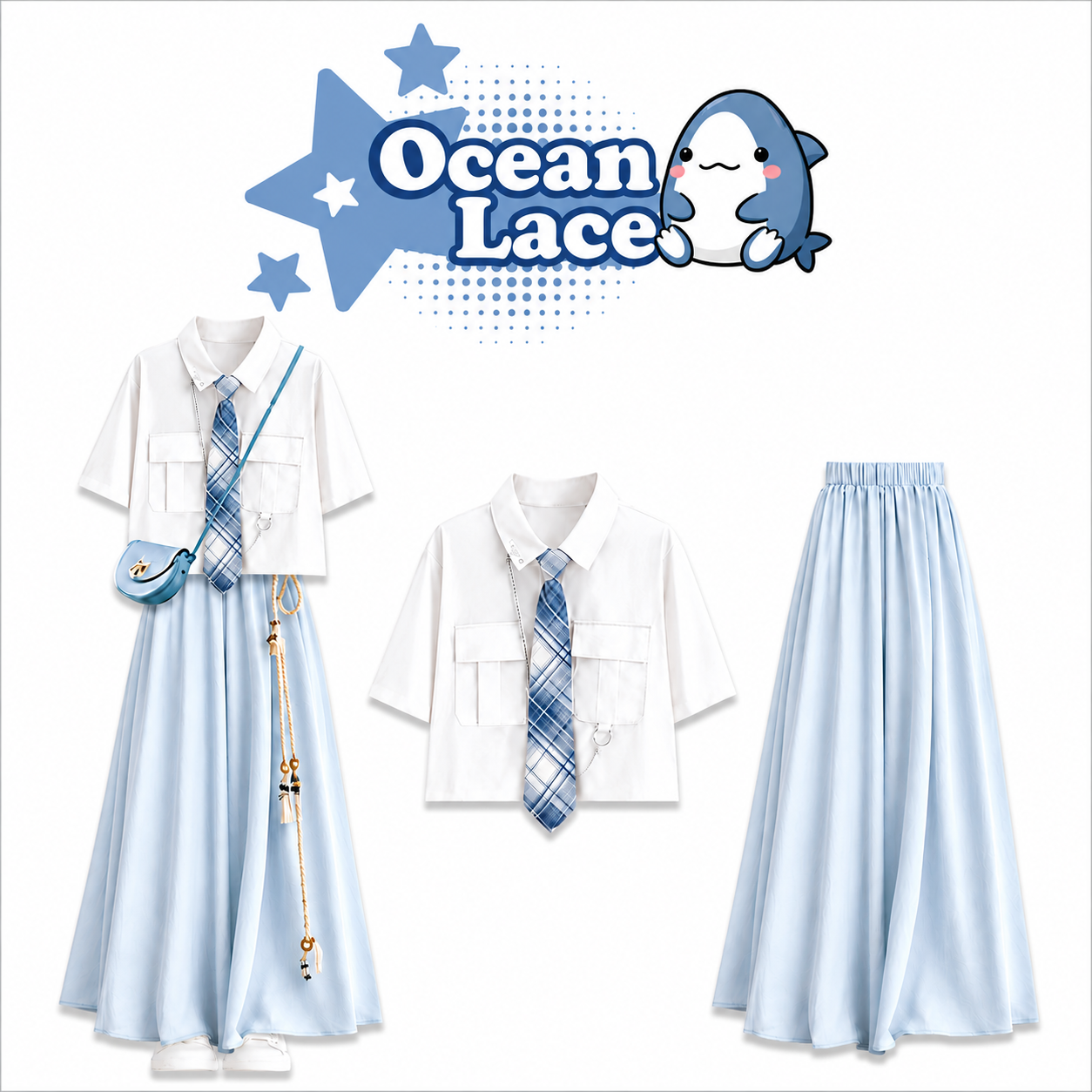 Set Áo Sơ Mi Phối Với Chân Váy Dài Xanh Ocean Lace