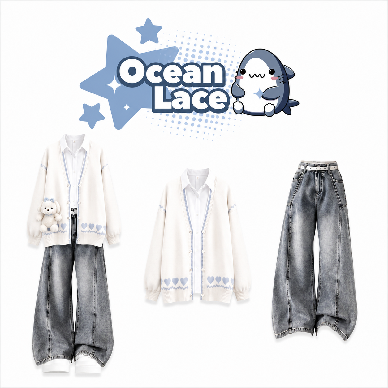 Set Cardigan Dáng Dài Phối Quần Bò Ống Suông Vintage