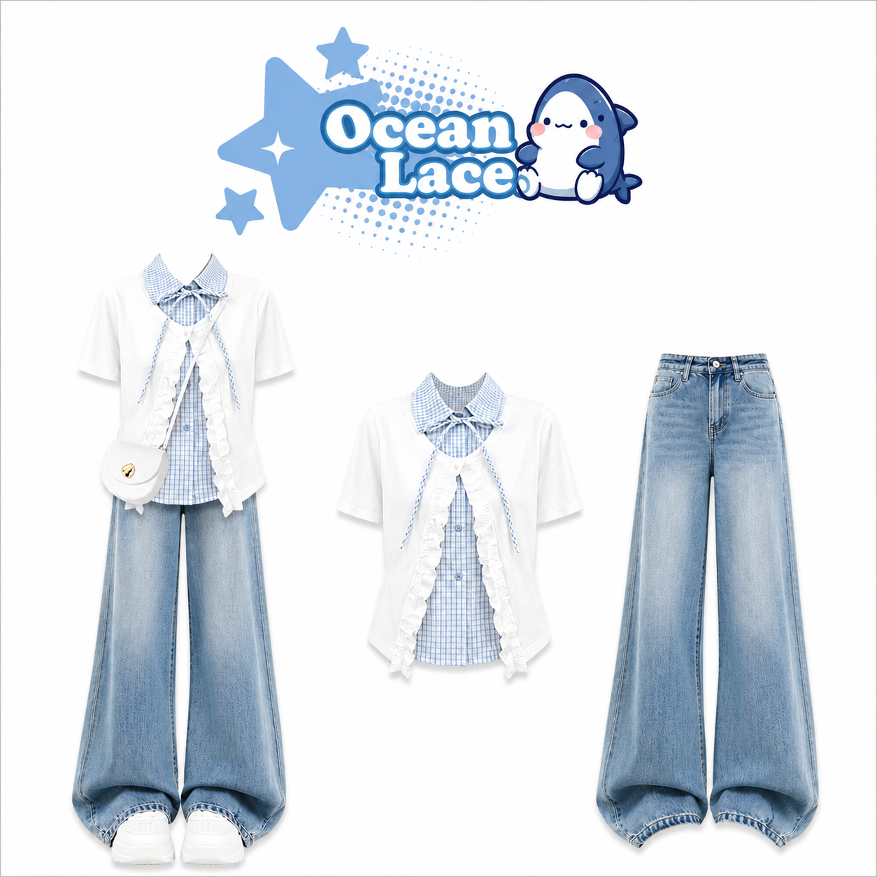 Set Áo Layer Caro Xanh Phối Quần Jean Ống Rộng Ocean Lace