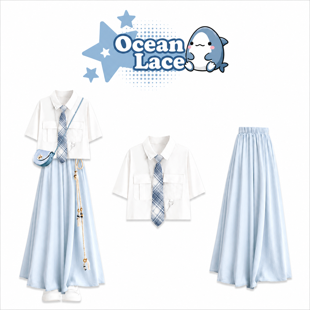 Set Áo Sơ Mi Phối Chân Váy Dài Ocean Lace