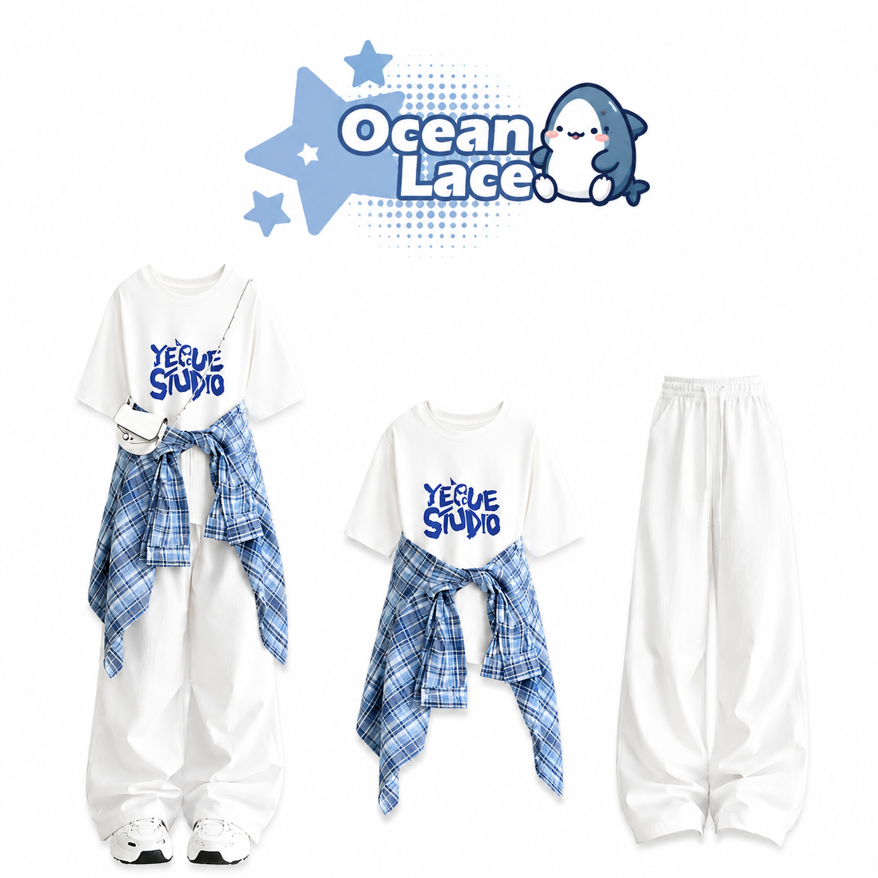 Set Áo Thun Studio Phối Sơ Mi Caro Xanh Cùng Quần Ống Rộng Ocean Lace