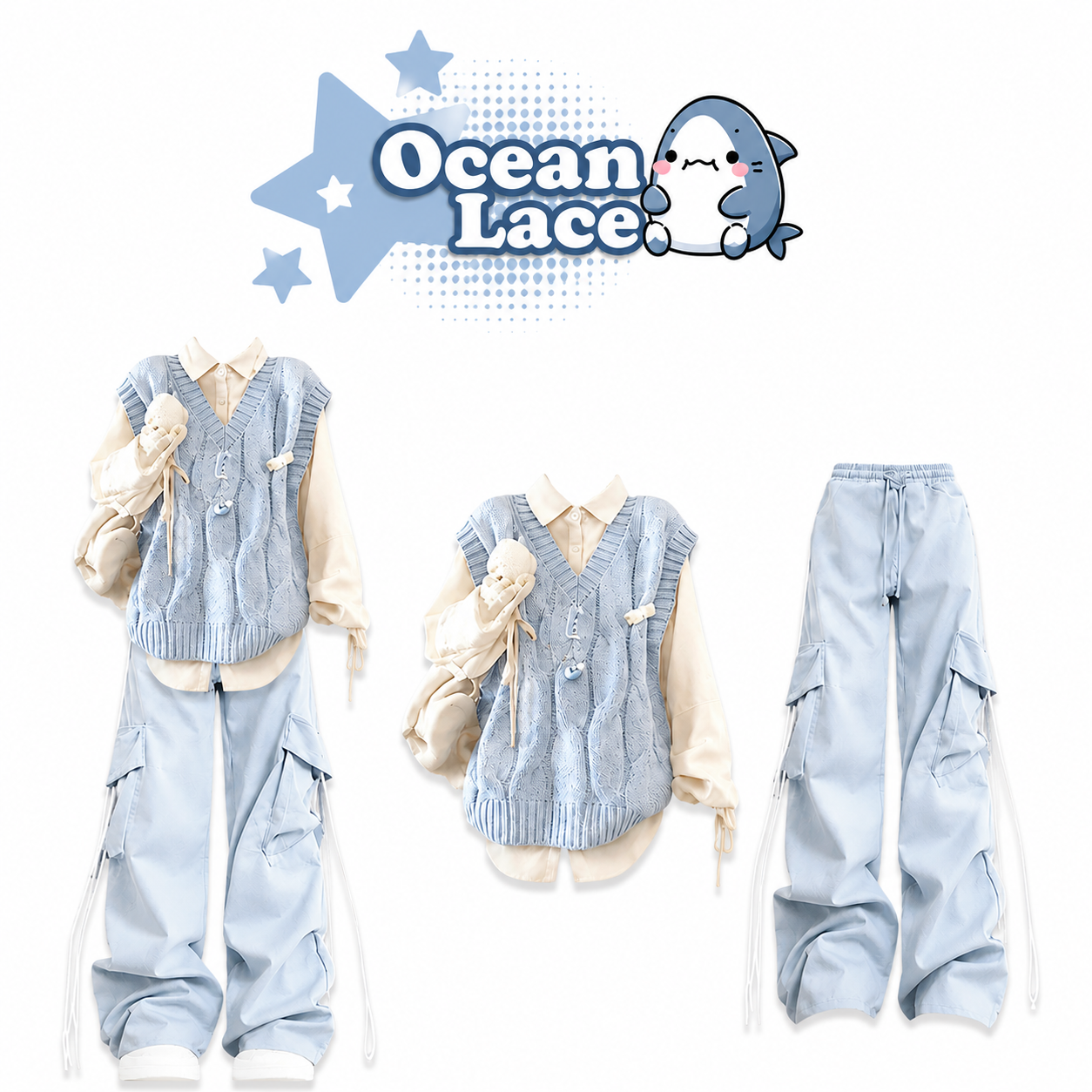 Set Gile Len Phối Áo Sơ Mi Quần Cargo Ocean Lace