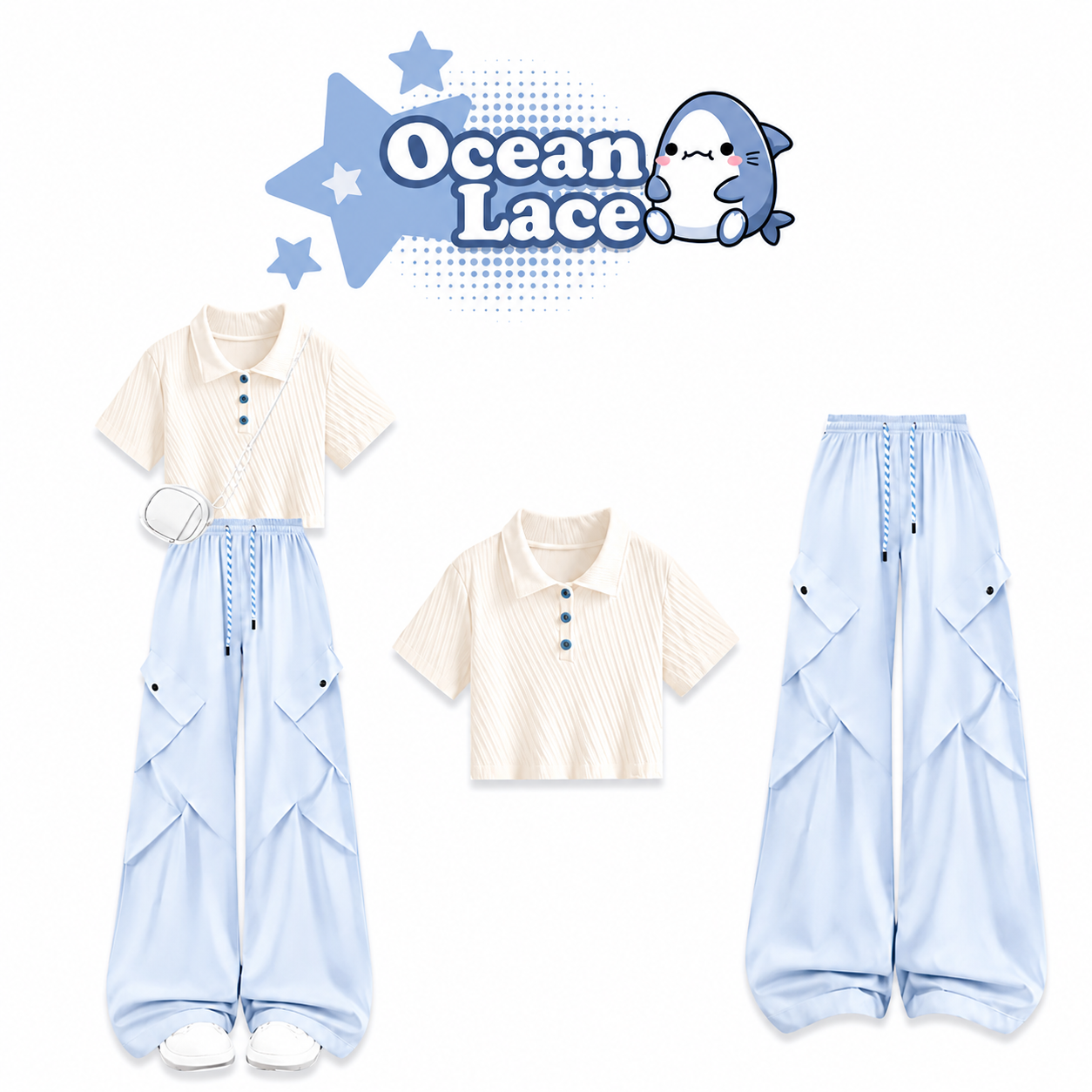 Set Áo Polo Gân Phối Quần Cargo Ống Rộng Ocean Lace
