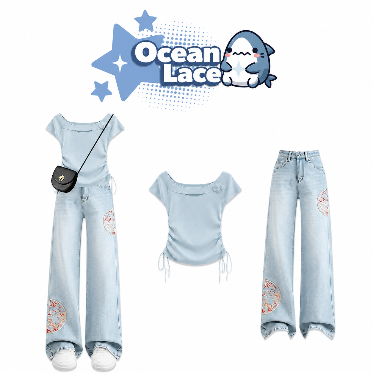 Set Áo Rút Dây Phối Quần Jeans Ống Rộng Ocean Lace